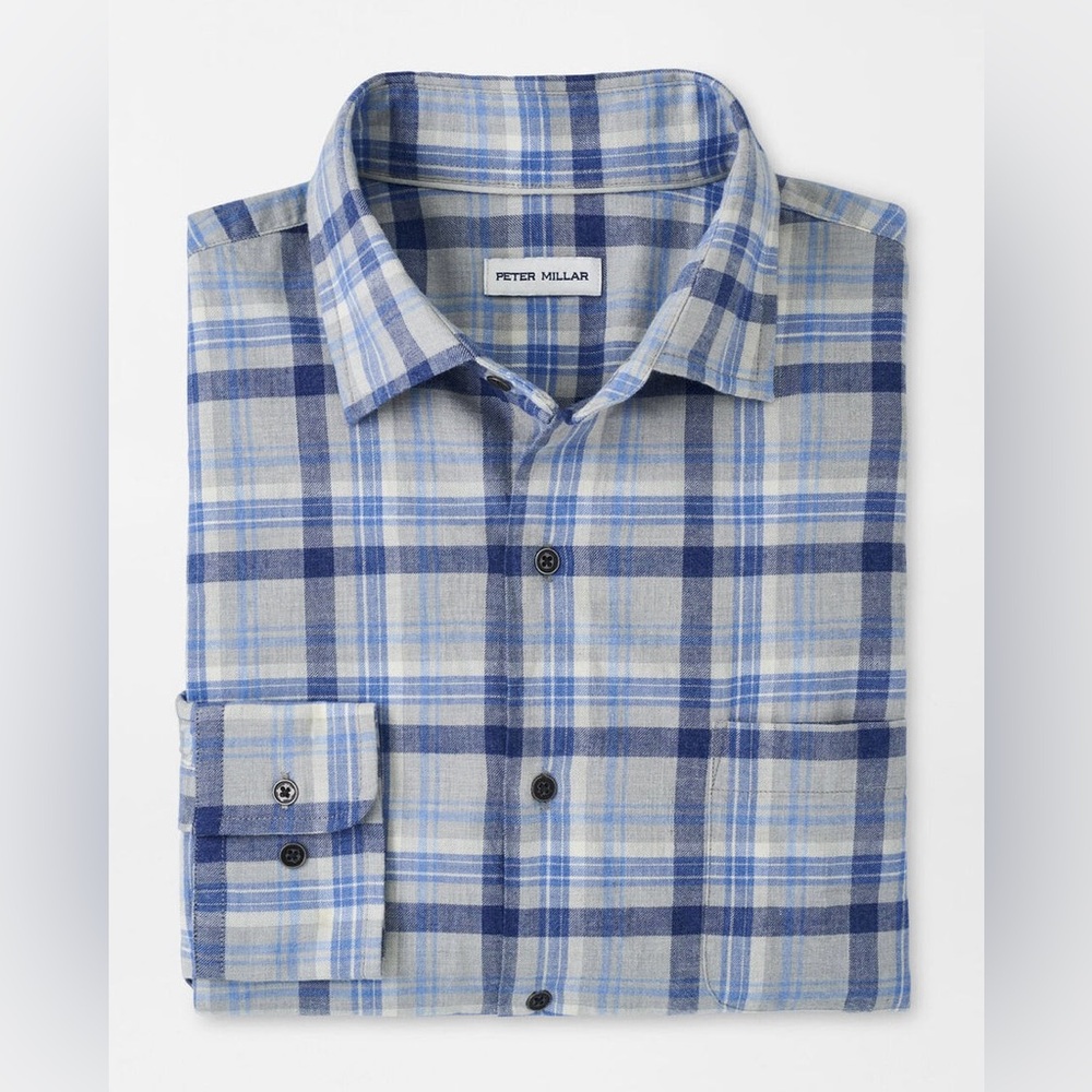 Peter Millar British Gray Sherbrooke Cotton Sport Shirt Button Up Plaid